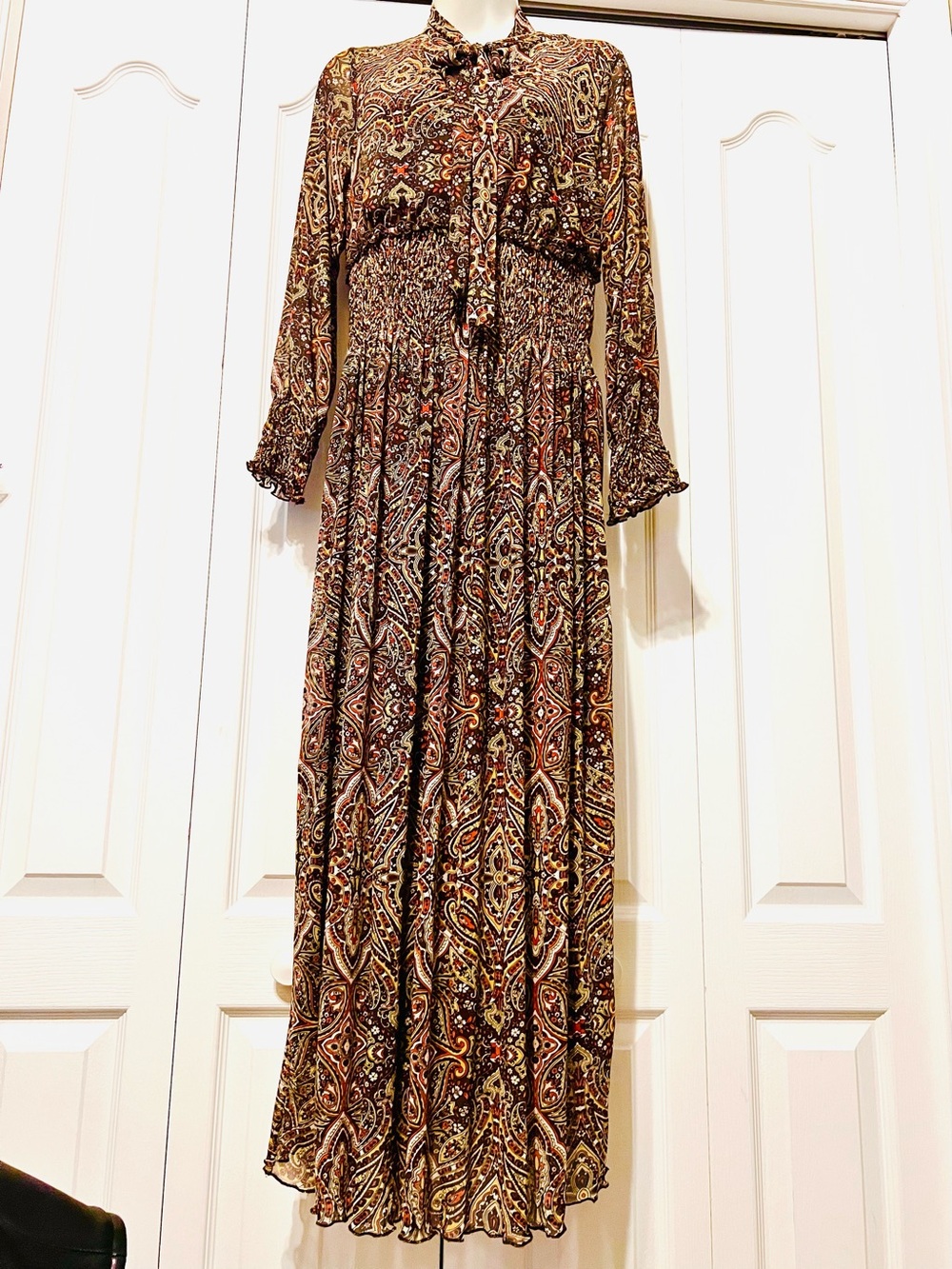 Boho Paisley Long Sleeve Maxi Dress in Brown